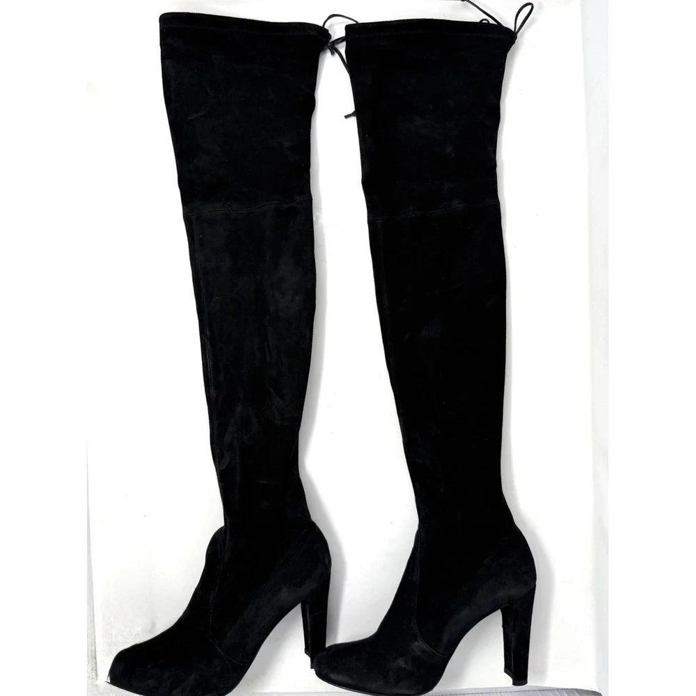 Stuart Weitzman Black Suede Over the Knee Block High Heel Boots 7.5 M 09341